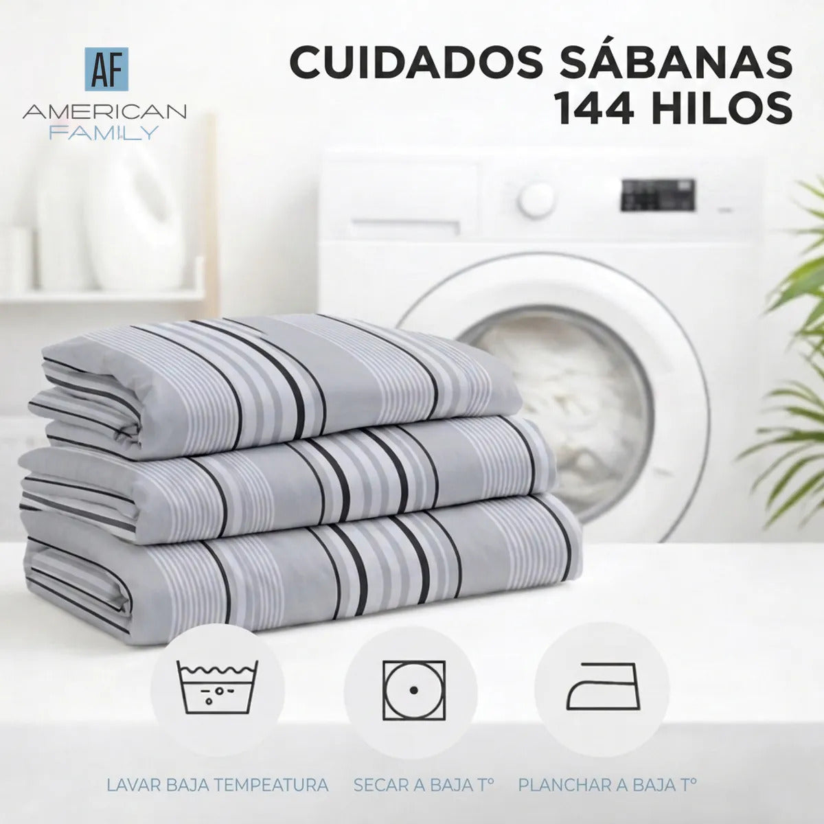 Juego Sábana American Family 144 Hilos Zircon Gris 2 Plazas