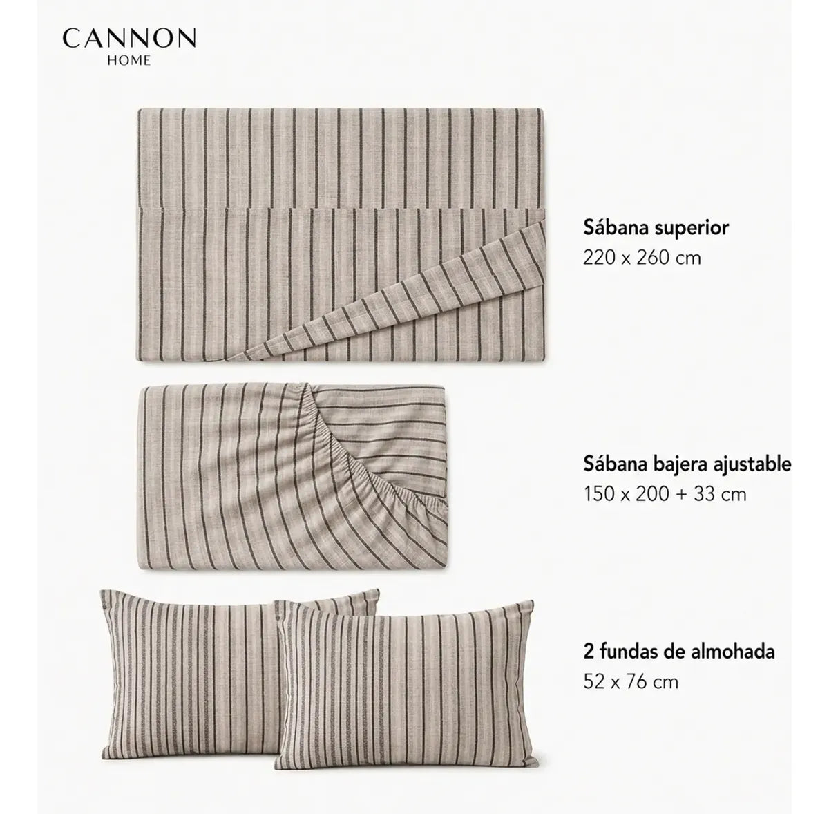 Juego Sábana Cannon 200 Hilos Rayas 2 Plazas Rayado
